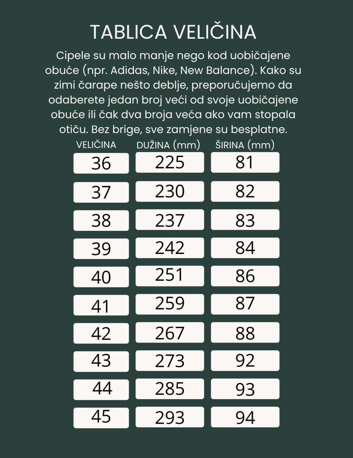 Tablica veličina – Bosonoga Obuća